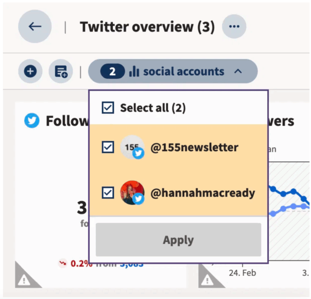 panoramica di Twitter account social seleziona tutto e applica